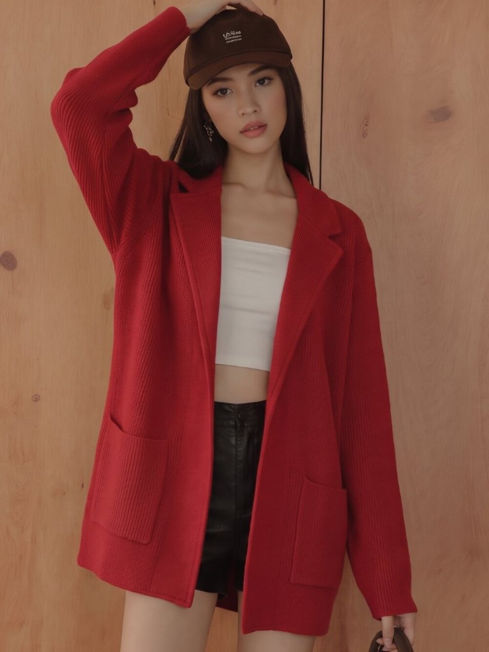 Magaschoni Red Open Front Wool Blend Cardigan